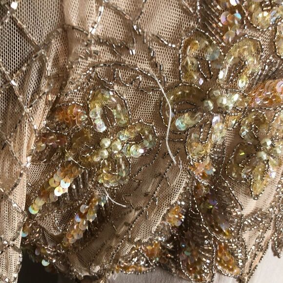 Jovani Evening Long Sleeve Beaded Illusion Beige Gatsby Deco Formal Keyhole Gown - Picture 6 of 15